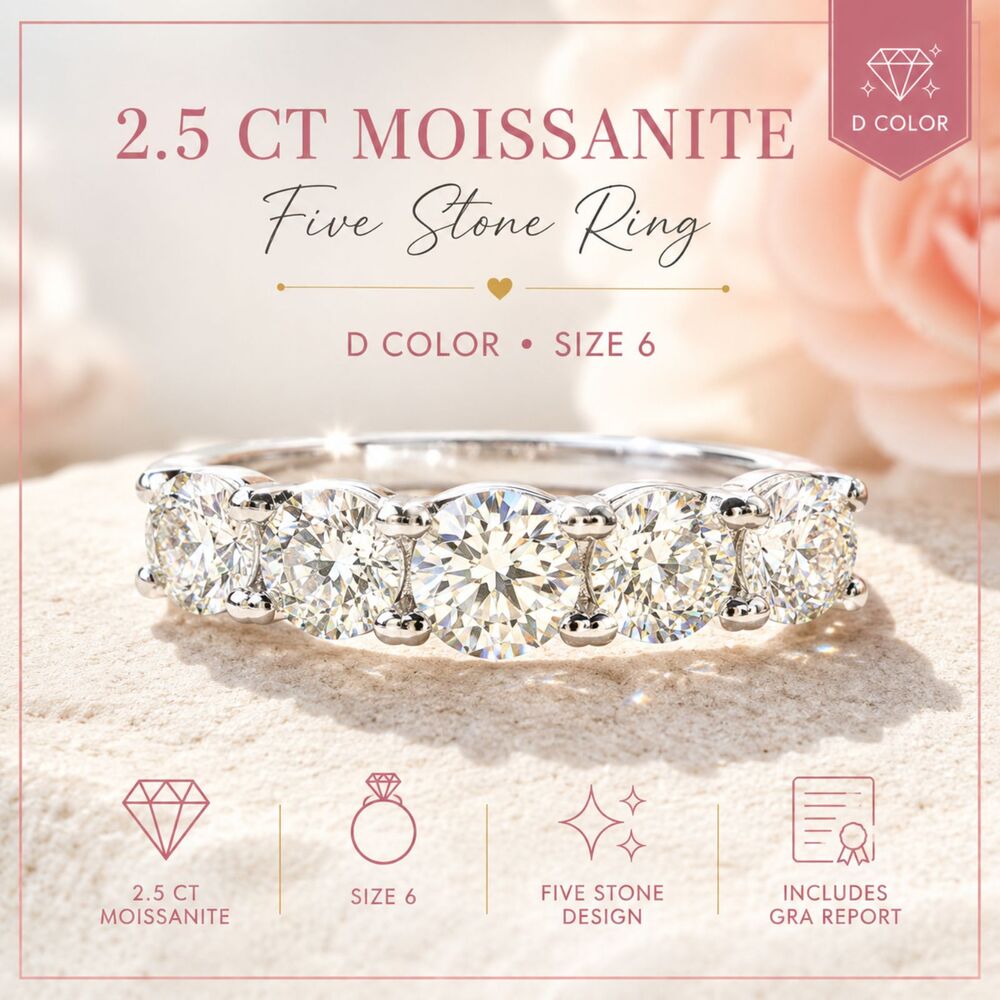 2.5 CT Moissanite 5-Stone Ring Size 6 - D Color - GRA Report